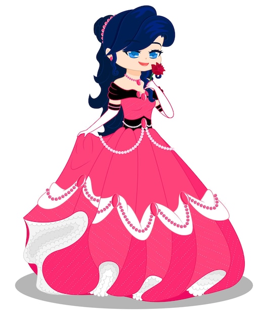 Vector princess in a pink royal ball gown holding a rose in hand