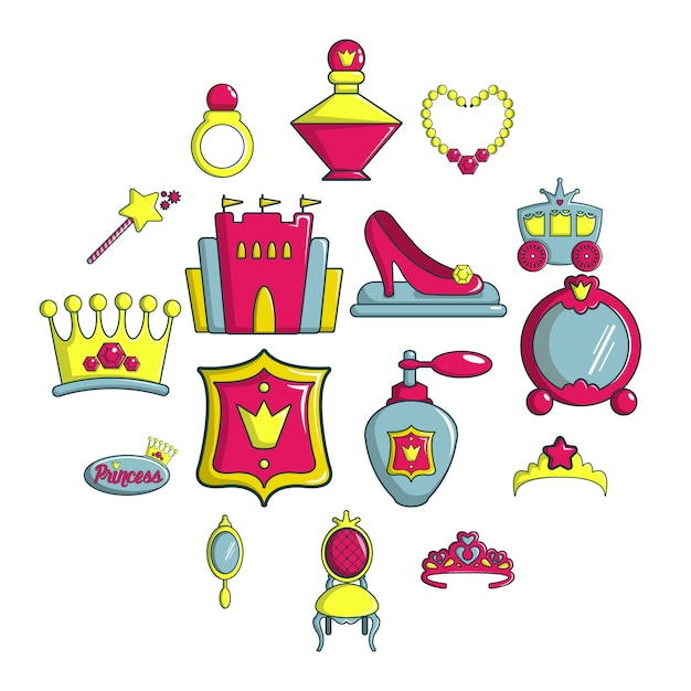 Princess pop iconen set, cartoon stijl