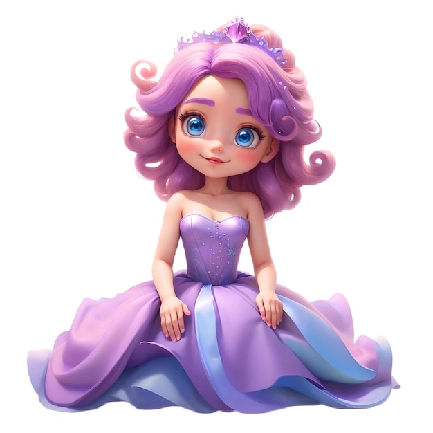 Princess in purple dress with purple hair and smiling