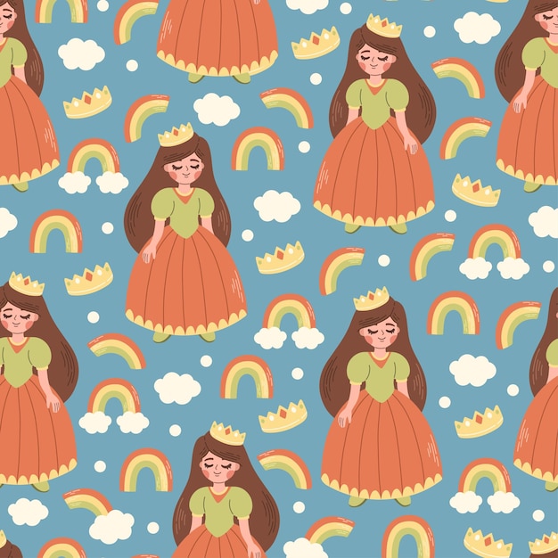 Vector princess rainbow and clouds seamless pattern vector illustration