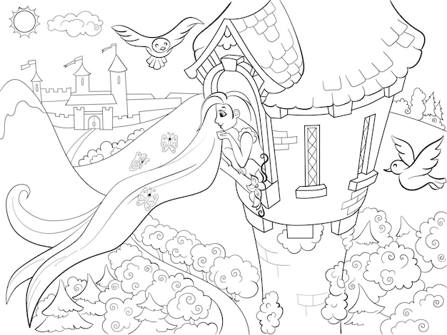 ベクトル 子供の漫画のベクトル図の着色石の塔のプリンセス ラプンツェル