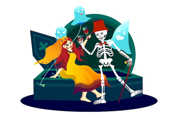 Princess, Skeleton and Ghosts at Halloween Party