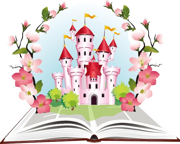 Vector princess tale book in flowering twig frame