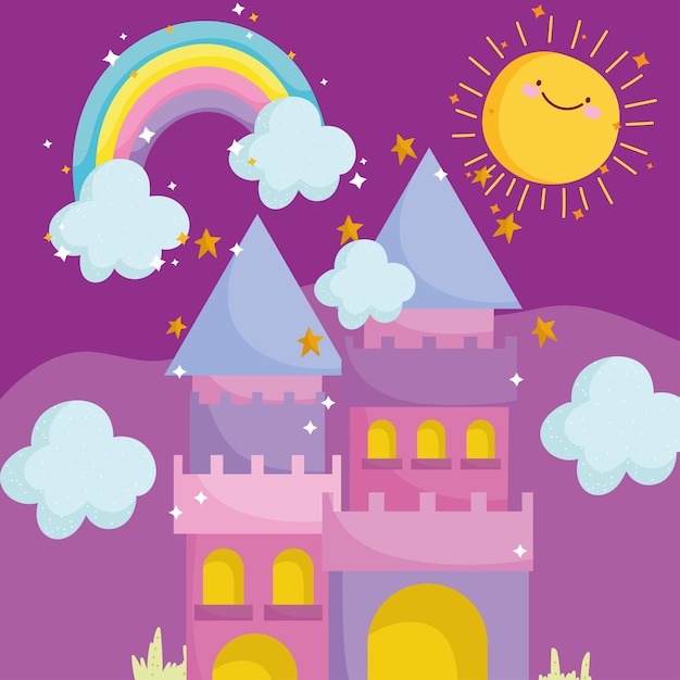 Vettore principessa racconto cartoon carino castello arcobaleno sole cielo illustrazione vettoriale