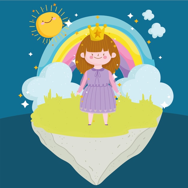 Vector princess tale with crown rainbow clouds sun magic cartoon illustration