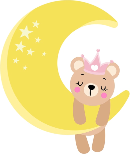 Vector princess teddy bear hanging on yellow moon