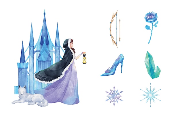 Princess winter fantasy watercolor decoration vector illustration