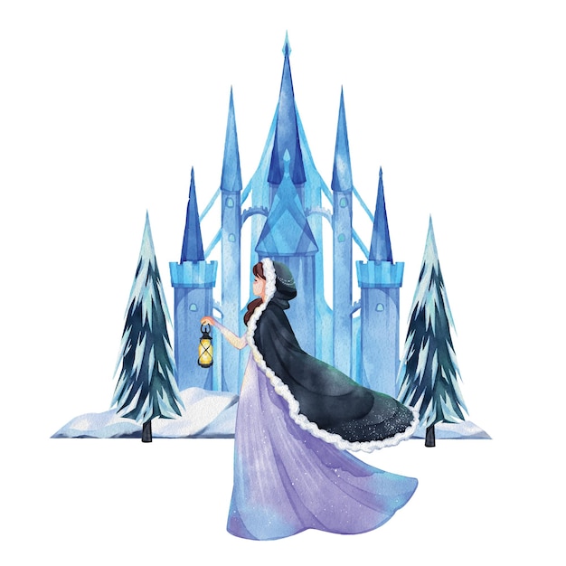 Princess winter fantasy watercolor decoration vector illustration