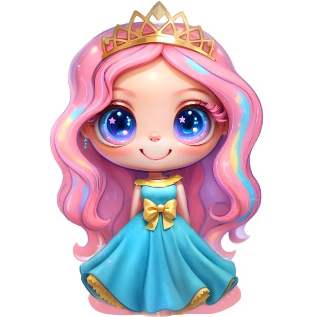 Princess With Pink Hair And Blue Dress And Purple Eyes