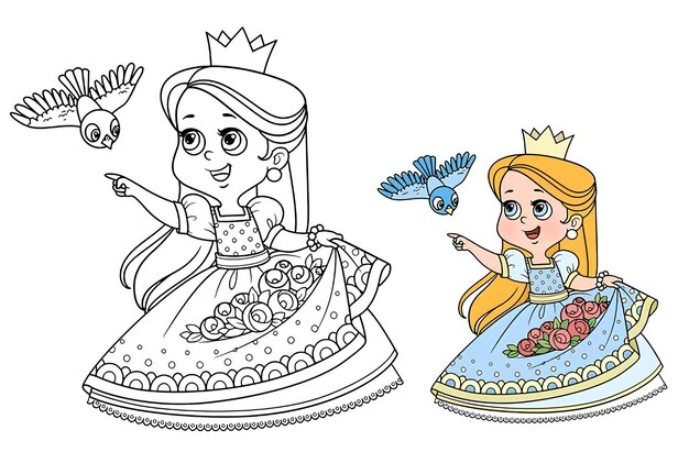 Princess with rose flowers in the entourage and meeting of flying birds coloring book