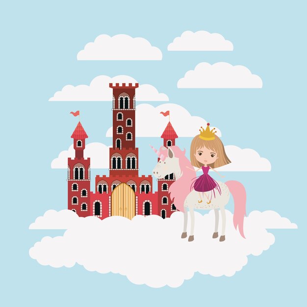 princess with unicorn in the clouds and castle 