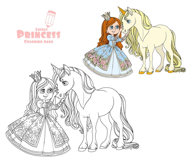 Princess with unicorn color and outlined picture for coloring book on white background