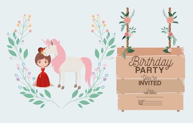 Vector princess with unicorn and label wooden invitation card