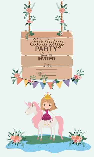 Vector princess with unicorn and label wooden invitation card