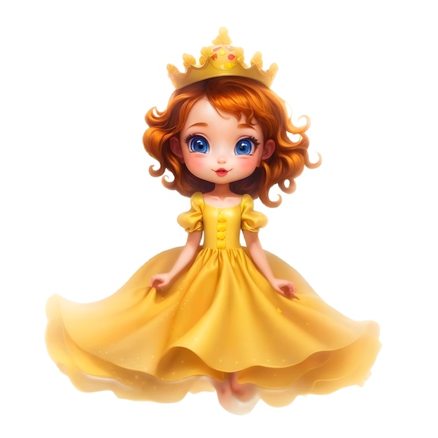 Princess in yellow dress with golden crown and smiling