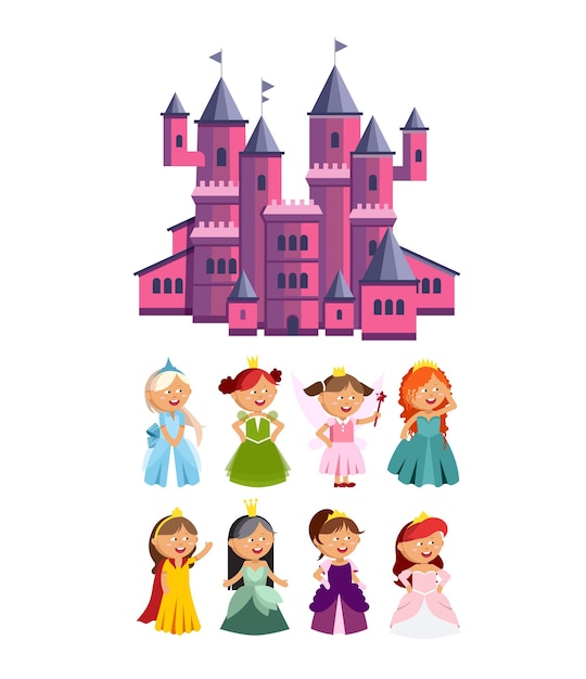 Principesse vector set collezione carina di bei personaggi adorabili bambine fatate in stile eleganza con castello rosa