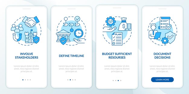 Principes van erfgoedbehoud blauw onboarding mobiel app-scherm doorloop 5 stappen grafische instructiepagina's met lineaire concepten ui ux gui-sjabloon myriad probold regelmatige gebruikte lettertypen