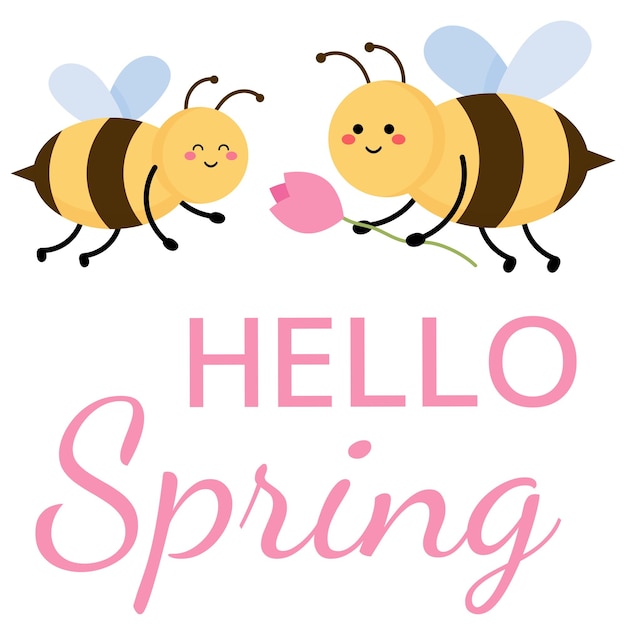 Vector pring greeting card with couple bees in love for easter and spring hello spring greeting card