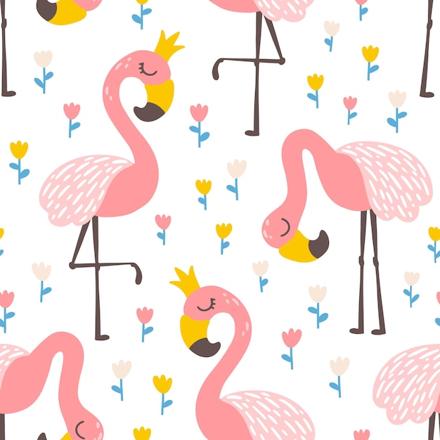 Prinses flamingo naadloze patroon met tulp bloemen vector schattige illustratie