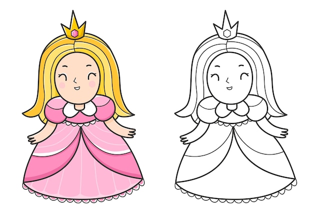 Vector prinses kleurboek met een voorbeeld van kleuren voor kinderen kleurplaat met een meisje in een jurk