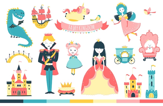 Prinses met prins en personages in de cartoon afbeelding van het sprookjesrijk in doodle stijl