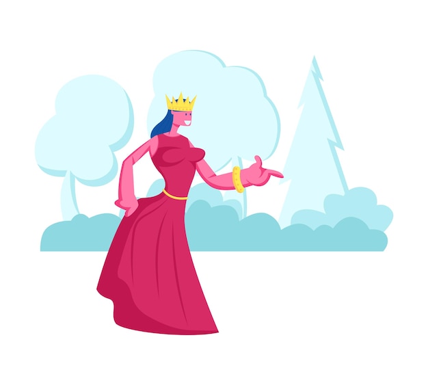 Vector prinses of koningin in rode jurk met kroon op hoofd staan op natuur landschap-achtergrond. cartoon vlakke afbeelding