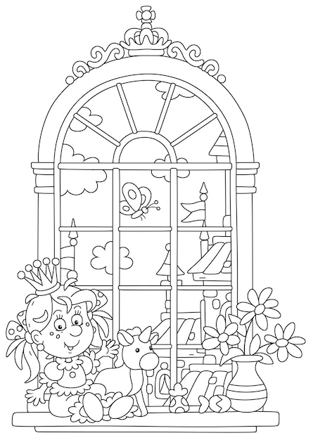 Prinsesje met een speelgoedeenhoorn voor een groot raam van een koninklijk paleis in een sprookjesrijk