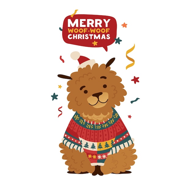 Print cartoon dog in a christmas hat and warm sweater