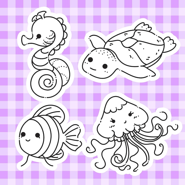 Print cute doodle line animal sea turtle seahorse jellyfish fish