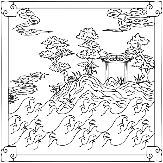 Print Design Asian Landscape Painting Outline