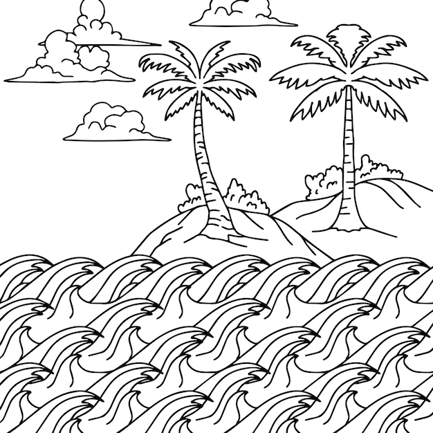 Print Design Beach Landscape Outline for Coloring Page or Element