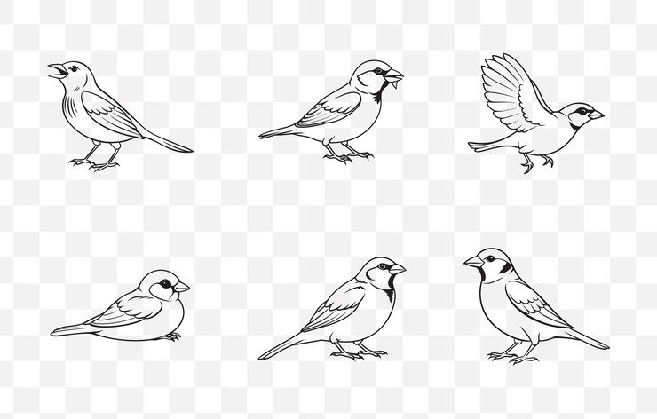 Vector print elegant sparrow line art vector set for creative designs and projects