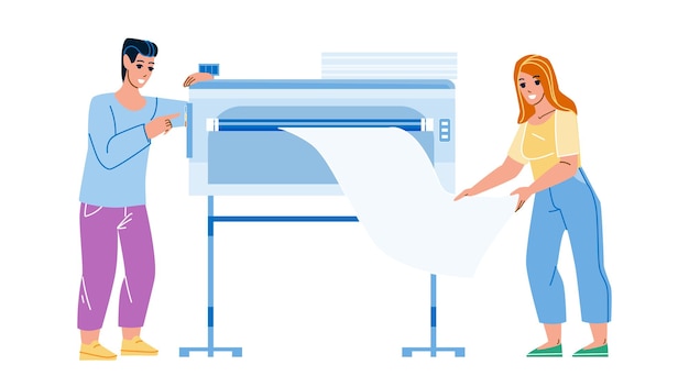 Print machine industry equipment use people vector. man and woman printing paper list on industrial print machine. characters workers using electronic tool flat cartoon illustration