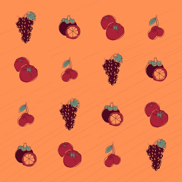 Print pattern background with grapes mangosteen tomato and berry in flat design