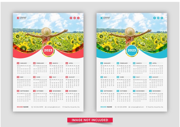 Print Ready One Page wall calendar template design for 2023, Week starts on Sunday calendar design 2023, Print Ready singlepage wall calendar template design for 2023, Planner diary with Place for Pho