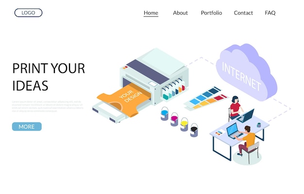 Print shop services vector website template web page and landing page design for website and mobile site development Polygraphy online concept with isometric characters and printing equipment