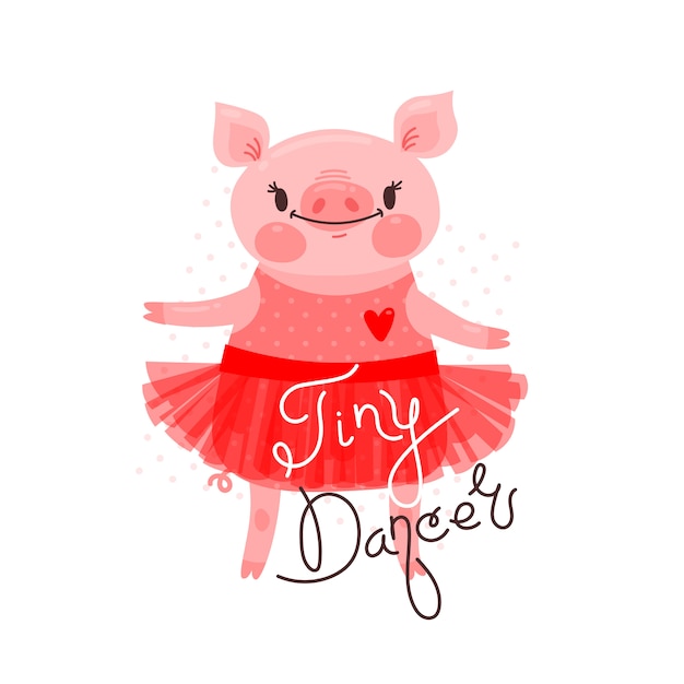 Vector print, t-shirtontwerp met dansende lieve biggetjes en het opschrift tiny dancer. varken in een ballet rok. illustratie
