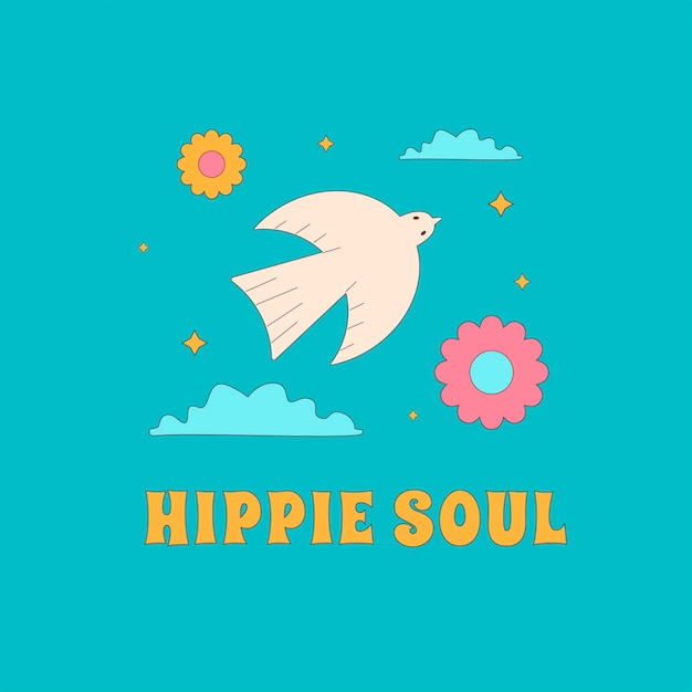 Print with a dove flying in the clouds and flowers with the inscription Hippie soul Retro sticker design in the style of the 1960s 1970s