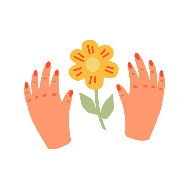 Stampa di mani e fiori di donna in stile scandinavo. hand drawn è una semplice illustrazione vettoriale minimalista di una mano e una pianta. design per la stampa di cartoline, poster, t-shirt