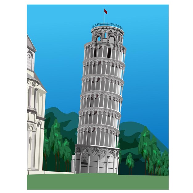 Vector printa round cylindrical tower of white marble on the east side of pisa cathedral