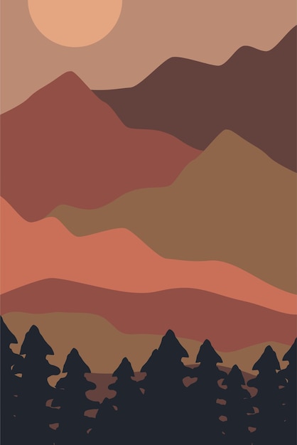 Vettore paesaggio astratto stampabile decorazione da parete poster montagne alberi arte da parete stampabile arredamento moderno di metà secolo arte da parete stampabile arte da parete in terracotta del sole