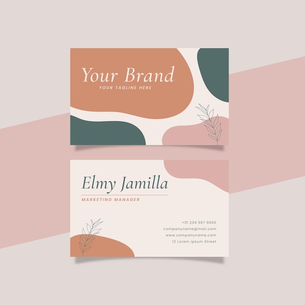 Vector printable aesthetic business card template decorated with blob and floral object orange pink pastel color background