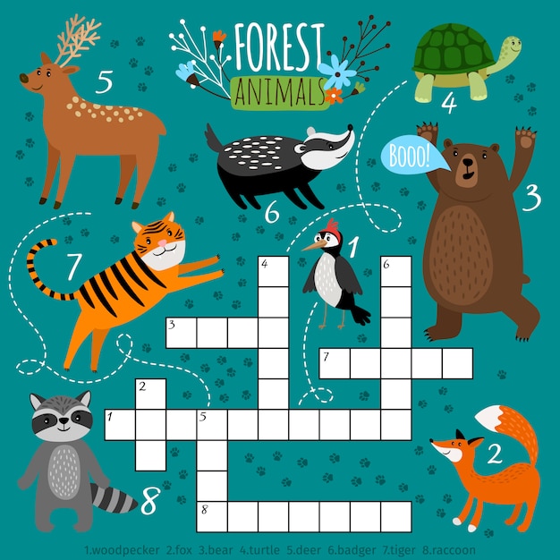 인쇄용 동물 낱말. 유치원 퍼즐 퀴즈 게임, 숲 동물, 벡터 일러스트와 함께 영어 아이 Brainteaser 학습