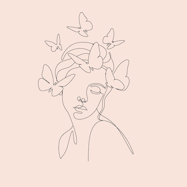 Красотка для печати Face In Butterfly Art Woman In One Line Drawing Элегантный женский эскиз Плакат