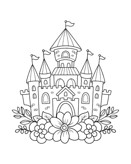 Vector printable castle with flowers coloring pages illustration