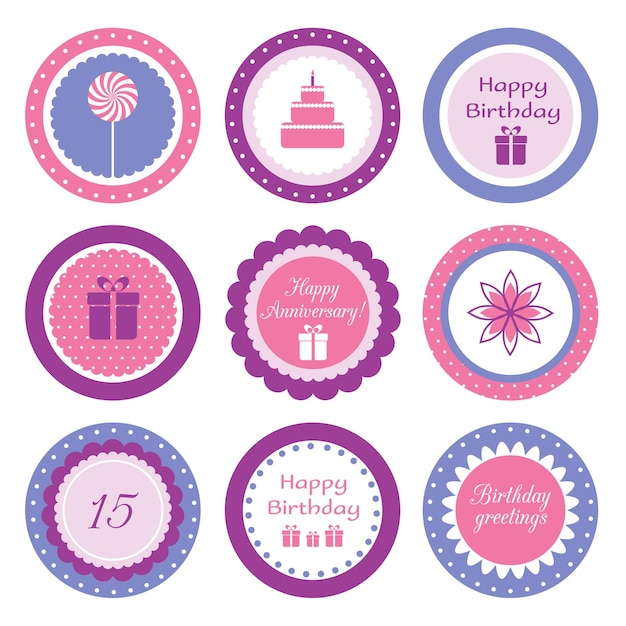 Toppers per cupcake stampabili set vettoriale di etichette tonde per cupcake luminose rotonde per la festa di compleanno