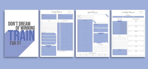 Vector printable daily,weekly and goal planner template with cover page. a4 sheets