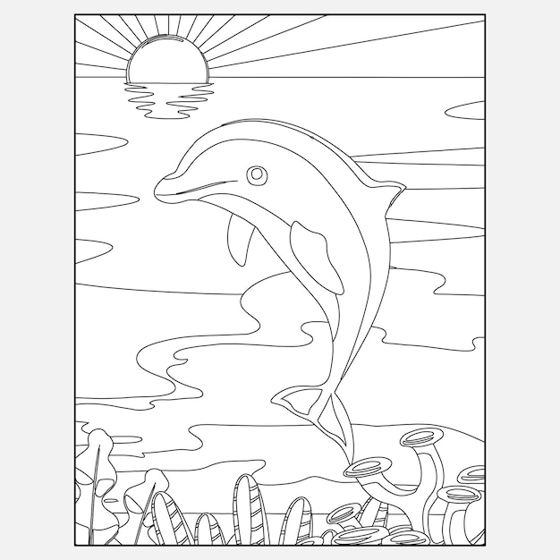 Вектор Раскраски для детей с дельфинами и животными океана