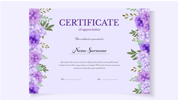 Printable editable floral certificate template with cute blooming flowers award vector illustration
