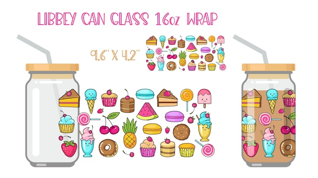 Printable Full wrap for libby class can A pattern with with kawaii fruits and sweets